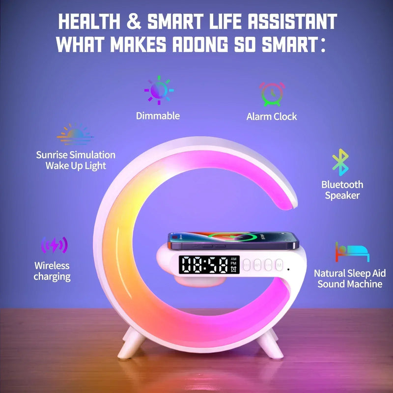 Suporte de carregador sem fio multifuncional Bluetooth 5.0 alto-falante FM TF RGB luz noturna estação de carregamento rápido para celulares