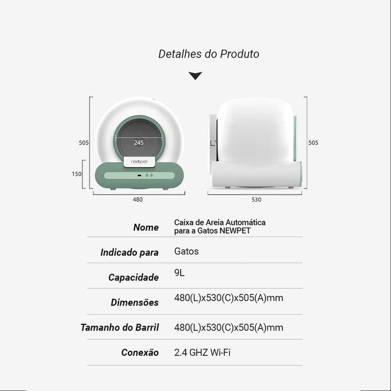 Newpet Caixa de areia para gatos automática e inteligente, autolimpante, 65L, controle por aplicativo, bandeja de areia para gatos, desodorizador iônico